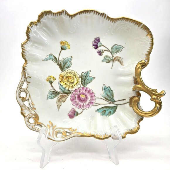 Antique Hand-Painted Floral Porcelain Tray With Gold Trim & Ornate Handle jj3693 - Picture 1 of 11
